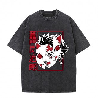 Anime Wholesale Demon Slayer Cotton Washed Solid Color Unisex Oversize cartoon Printing Short Sleeve T-Shirt clothes