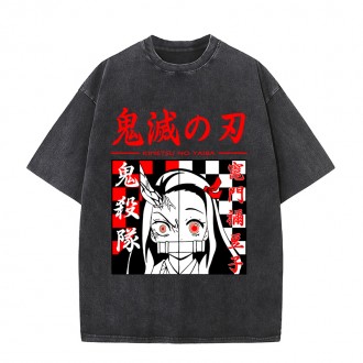 Anime Wholesale Demon Slayer Cotton Washed Solid Color Unisex Oversize cartoon Printing Short Sleeve T-Shirt clothes