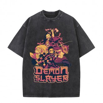 Anime Wholesale Demon Slayer Cotton Washed Solid Color Unisex Oversize cartoon Printing Short Sleeve T-Shirt clothes