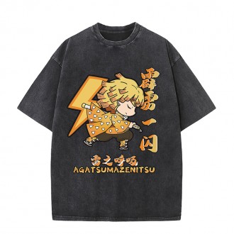 Anime Wholesale Demon Slayer Cotton Washed Solid Color Unisex Oversize cartoon Printing Short Sleeve T-Shirt clothes