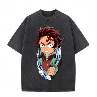 Anime Wholesale Demon Slayer Cotton Washed Solid Color Unisex Oversize cartoon Printing Short Sleeve T-Shirt clothes