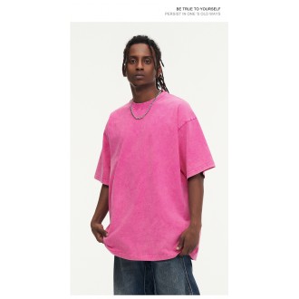 Men's Cotton T-Shirts Oversized Unisex Short Sleeves Casual Loose Wash Solid Basic Tee Tops