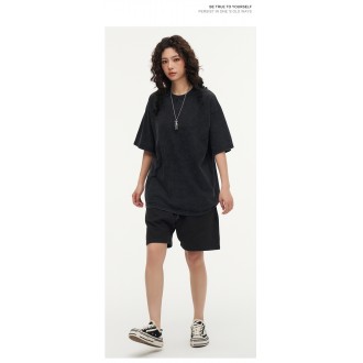 Men's Cotton T-Shirts Oversized Unisex Short Sleeves Casual Loose Wash Solid Basic Tee Tops