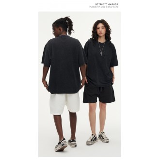 Men's Cotton T-Shirts Oversized Unisex Short Sleeves Casual Loose Wash Solid Basic Tee Tops